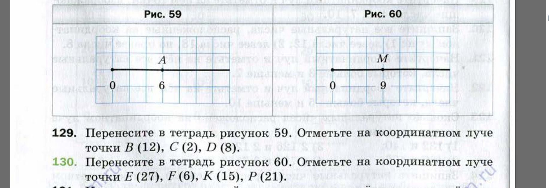 Фото задания: 129. Перенесите в тетрадь рисунок 59. Отметьте на координатном луче точки B (12), C (2), D (8).