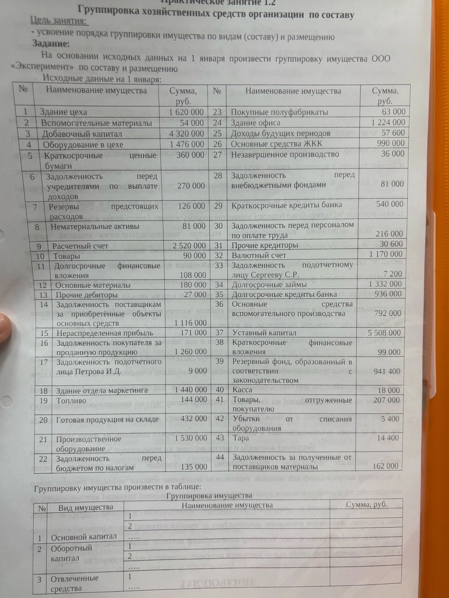 Фото задания: На основании исходных данных на 1 января произвести группировку имущества ООО «Эксперимент» по составу и размещению.