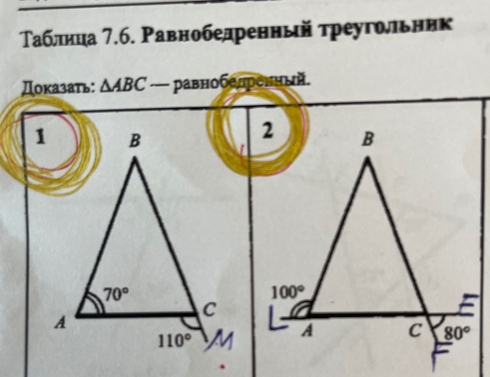 Фото задания: Таблица 7.6. Равнобедренный треугольник. Доказать: 1) ΔABC — равнобедренный, если ∠A = 70°, внешний угол при вершине C…