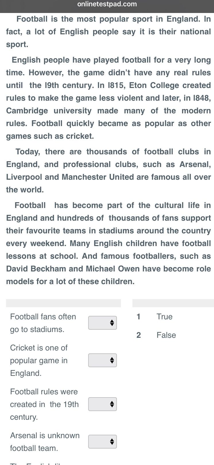 Фото задания: Read the text and choose True or False: 1. Football fans often go to stadiums. 2. Cricket is one of popular games in England.…