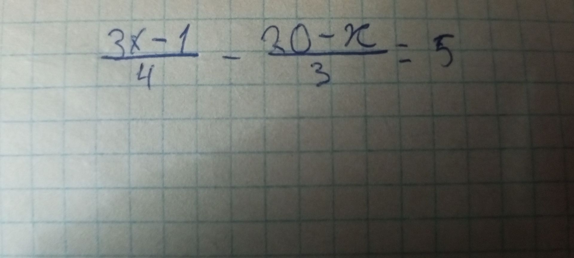 Фото задания: \(\frac{3x-1}{4}-\frac{30-x}{3}=5\)