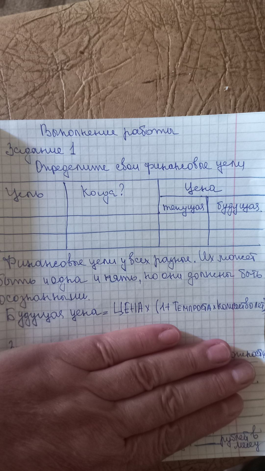 Фото задания: Задание 1. Определите свои финансовые цели. Заполните таблицу: цель, когда?, цена — текущая и будущая.