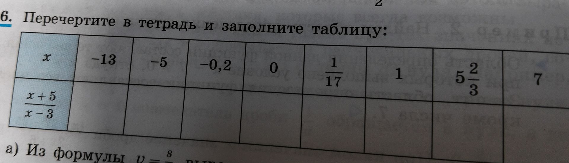 Фото задания: 6. Перечертите в тетрадь и заполните таблицу: x: −13, −5, −0,2, 0, 1/17, 1, 5 2/3, 7. Найдите значение выражения (x+5)/(x−3).