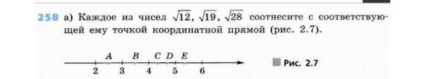 Фото задания: 258 а) Каждое из чисел √12, √19, √28 соотнесите с соответствующей ему точкой координатной прямой (рис. 2.7).
