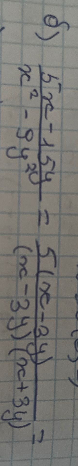 Фото задания: Упростить дробь: \(\frac{5x-15y}{x^2-9y^2}=\frac{5(x-3y)}{(x-3y)(x+3y)}\).