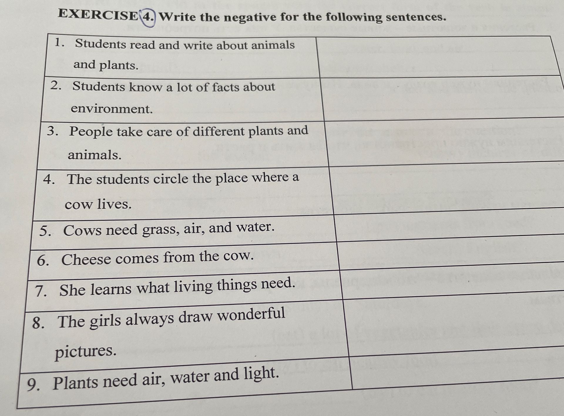 Фото задания: Exercise 4. Write the negative for the following sentences. 1. Students read and write about animals and plants. 2.…