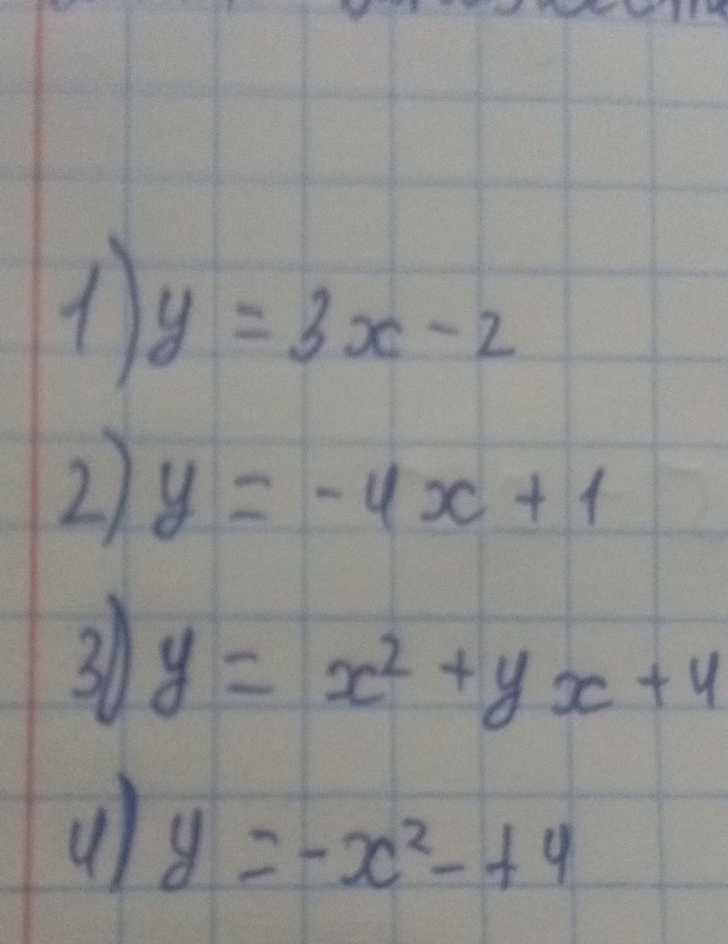 Фото задания: 1) y = 3x − 2; 2) y = −4x + 1; 3) y = x² + 4x + 4; 4) y = x² − x + 9