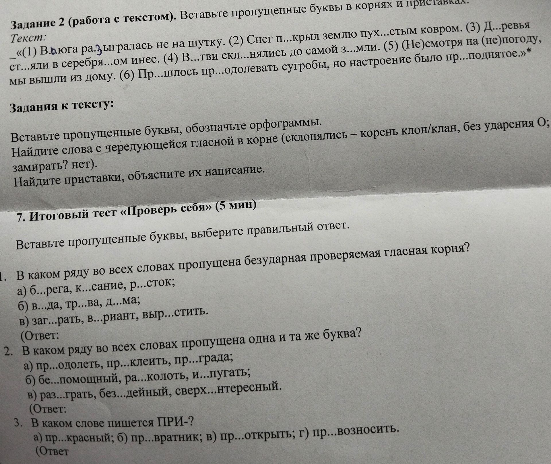 Фото задания: Задание 2 (работа с текстом). Вставьте пропущенные буквы в корнях и приставках: «(1) В…юга ра…ыгралась не на шутку. (2)…