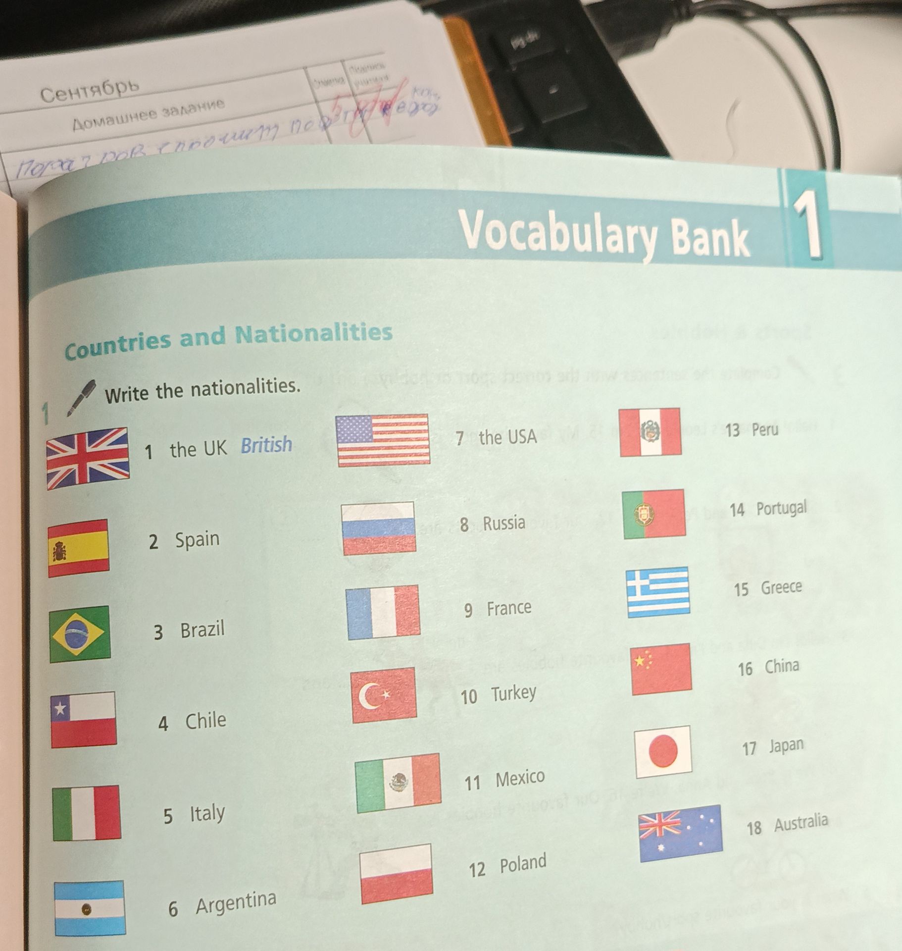 Фото задания: Countries and Nationalities. Write the nationalities. 1 the UK — British; 2 Spain; 3 Brazil; 4 Chile; 5 Italy; 6 Argentina; 7…