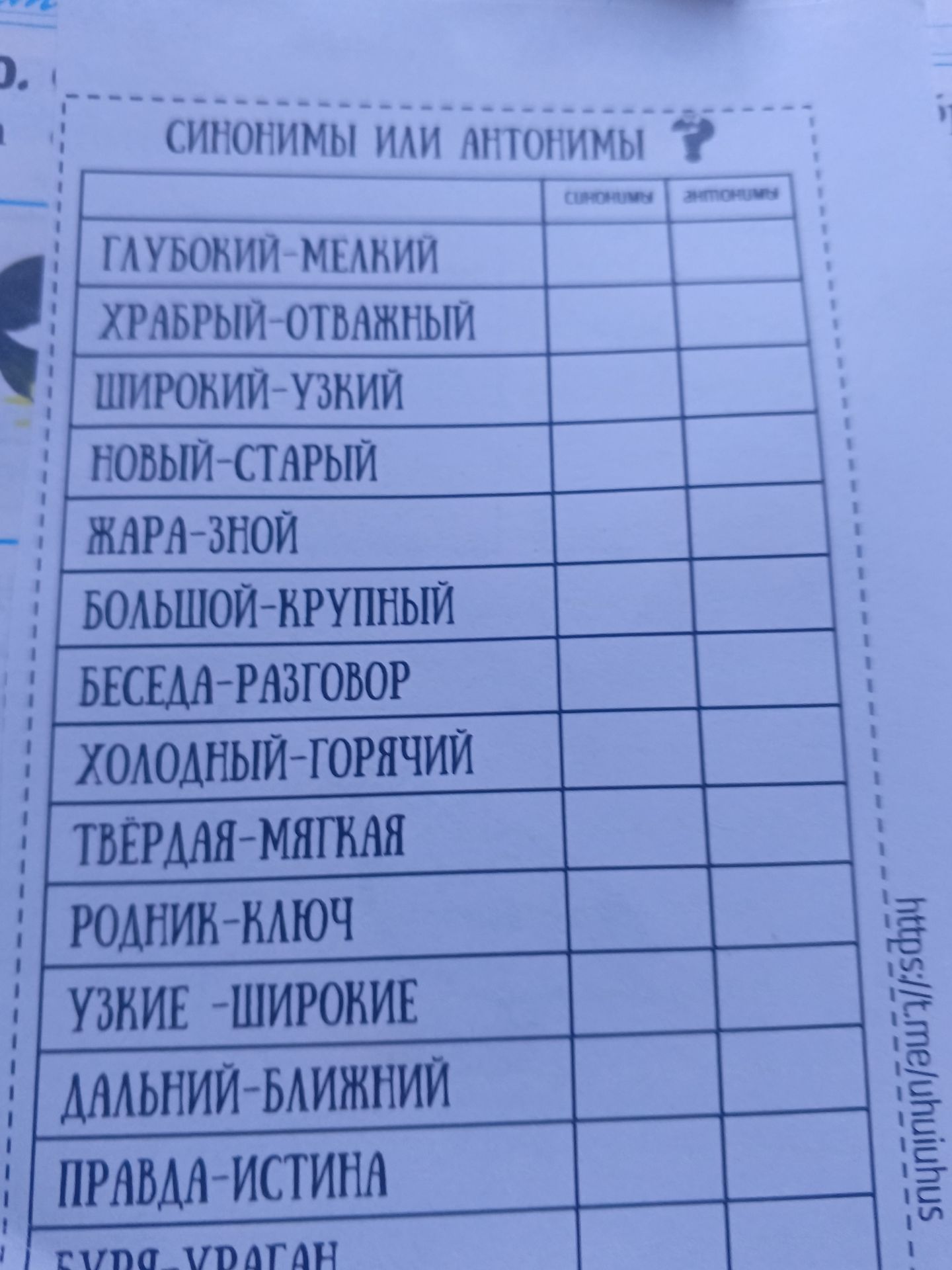 Фото задания: Определи, являются ли пары слов синонимами или антонимами: глубокий — мелкий; храбрый — отважный; широкий — узкий; новый —…