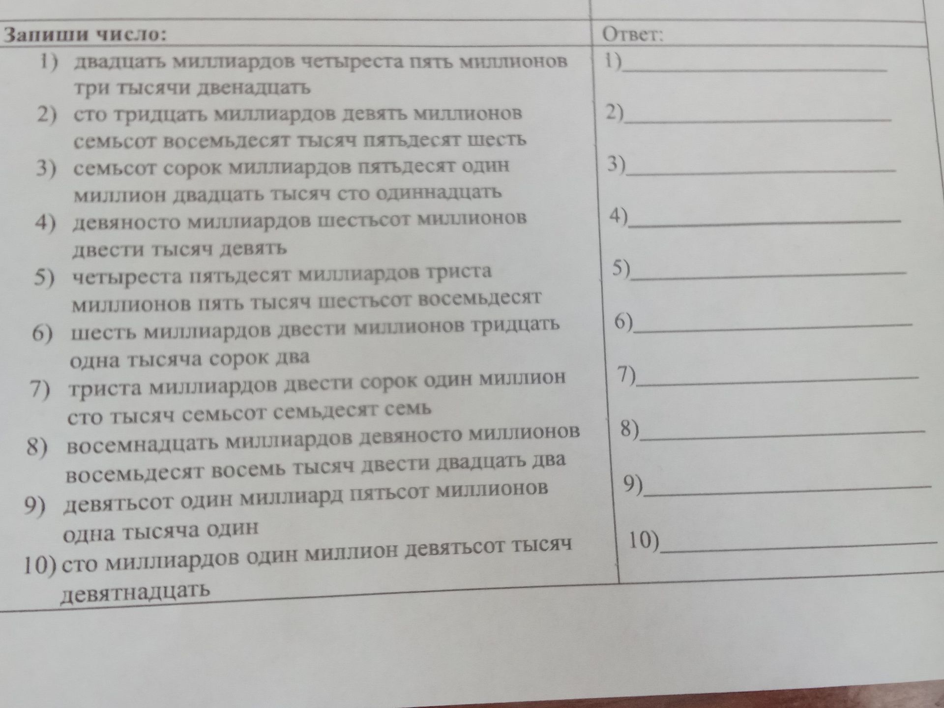 Фото задания: Запиши число: 10) сто миллиардов один миллион девятьсот тысяч девятнадцать
