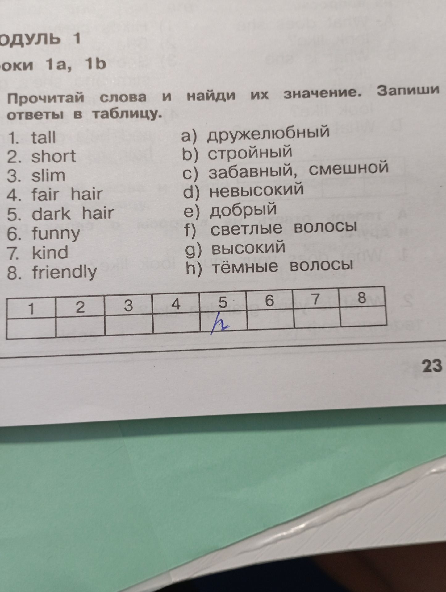 Фото задания: Прочитай слова и найди их значение. Запиши ответы в таблицу. 1. tall 2. short 3. slim 4. fair hair 5. dark hair 6. funny 7.…