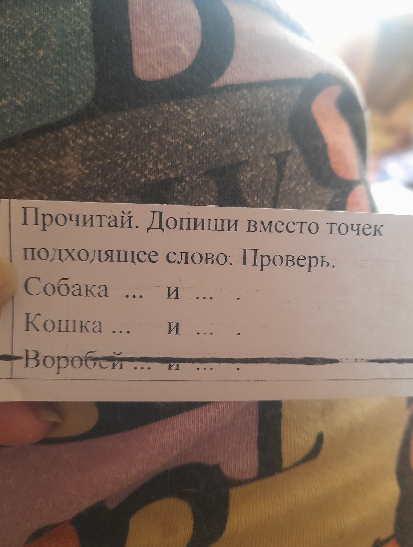 Фото задания: Прочитай. Дополни вместо точек подходящие слова: Проверь. Собака … и … . Кошка … и … . Воробей … и … .