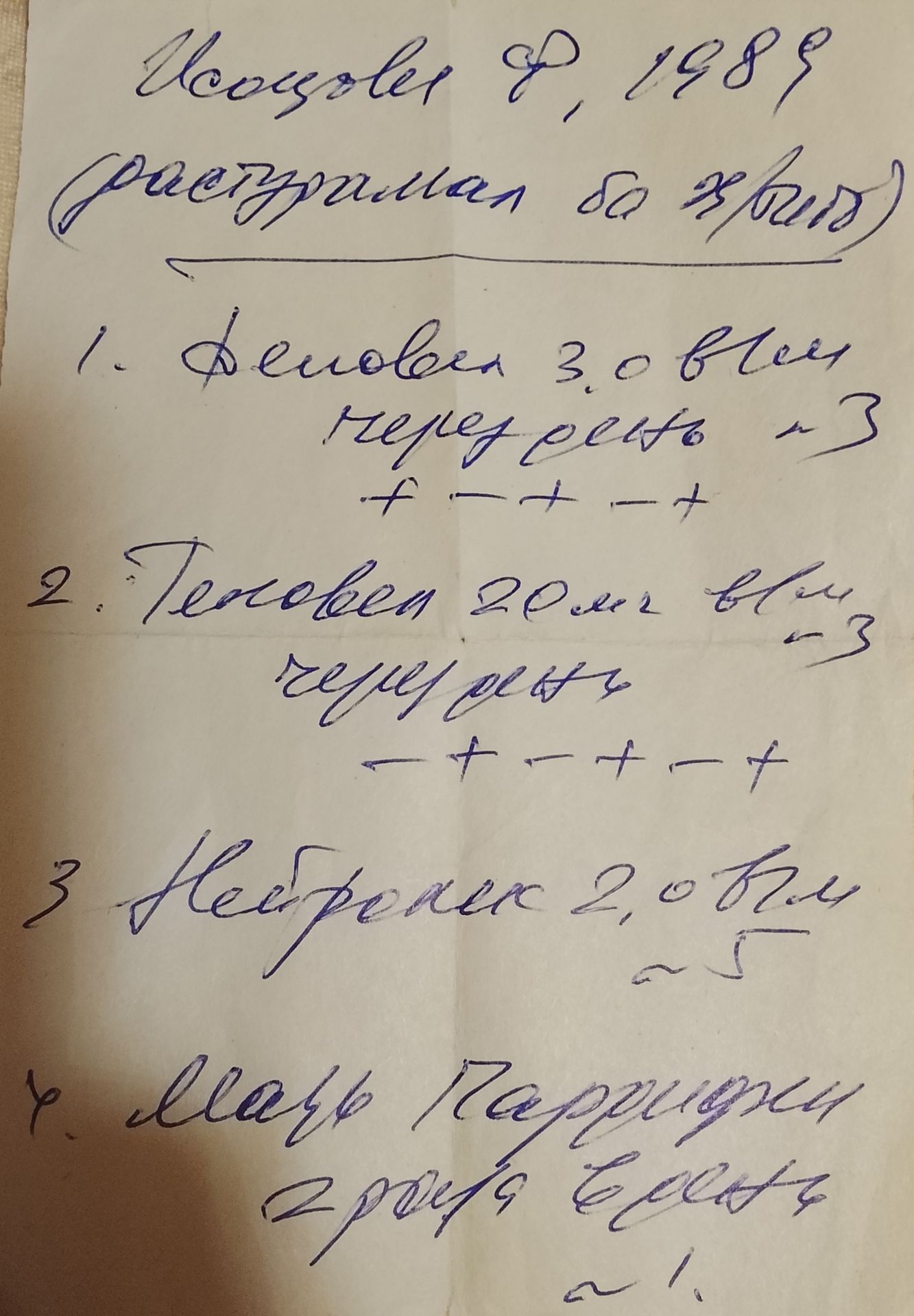Фото задания: Рукописная медицинская запись; часть текста неразборчива и обрезана. Видимые фрагменты: «… 90, 1989 г. (… до этого)»; 1) «……