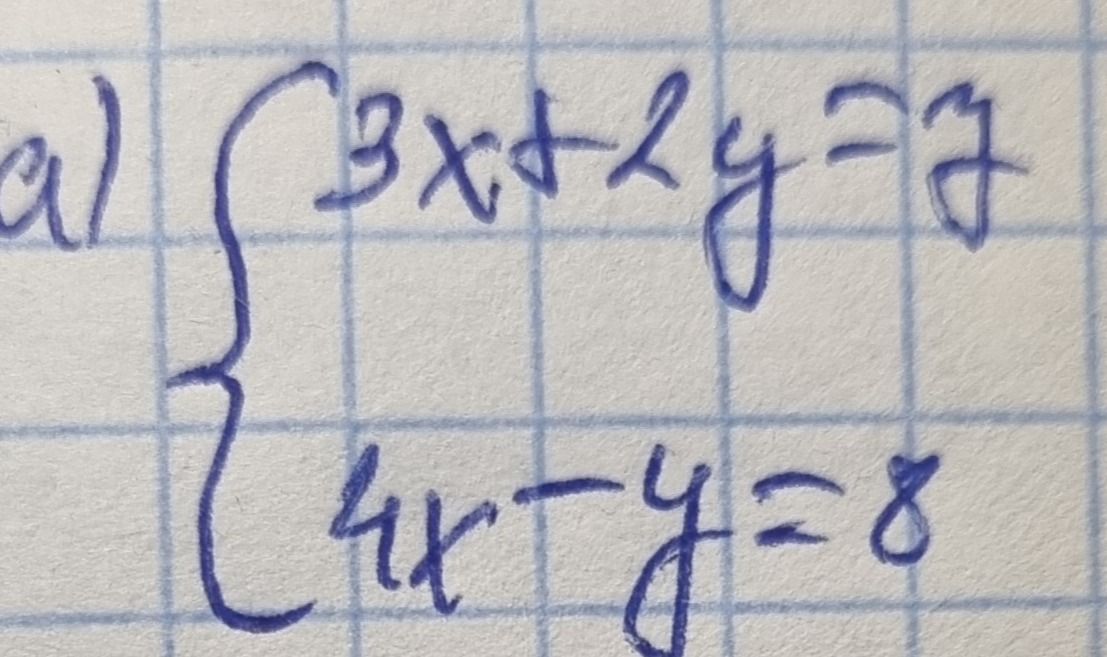 Фото задания: Решите систему уравнений: 3x + 2y = 7; 4x − y = 8.