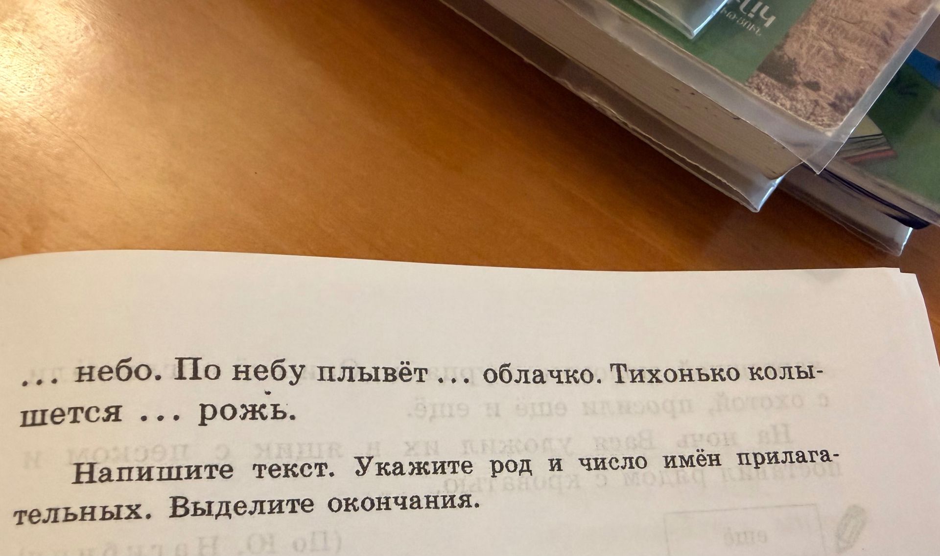 Фото задания: … небо. По небу плывёт … облачко. Тихонько колышется … рожь. Напишите текст. Укажите род и число имён прилагательных.…