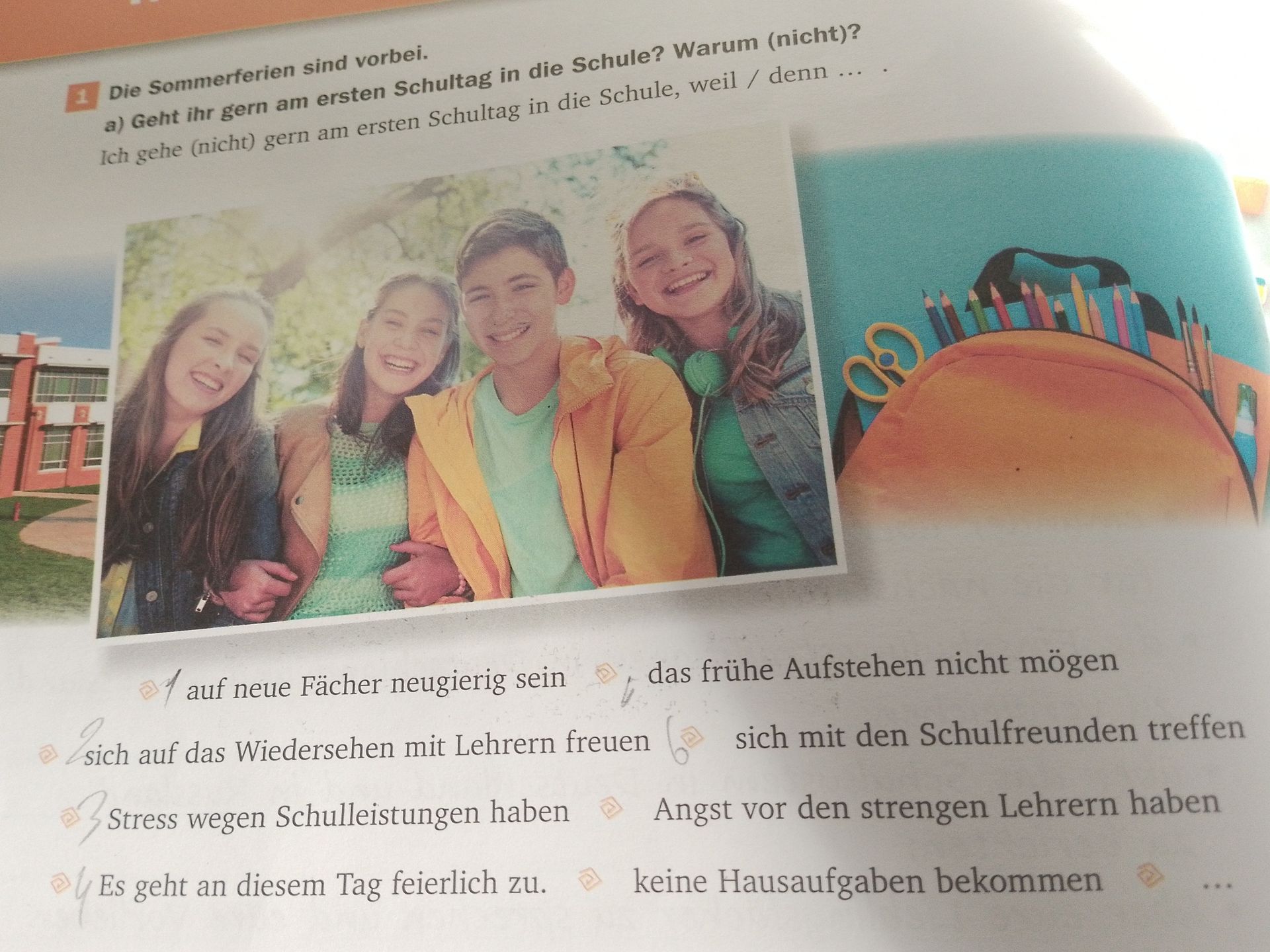 Фото задания: 1. Die Sommerferien sind vorbei. a) Geht ihr gern am ersten Schultag in die Schule? Warum (nicht)? Ich gehe (nicht) gern am…