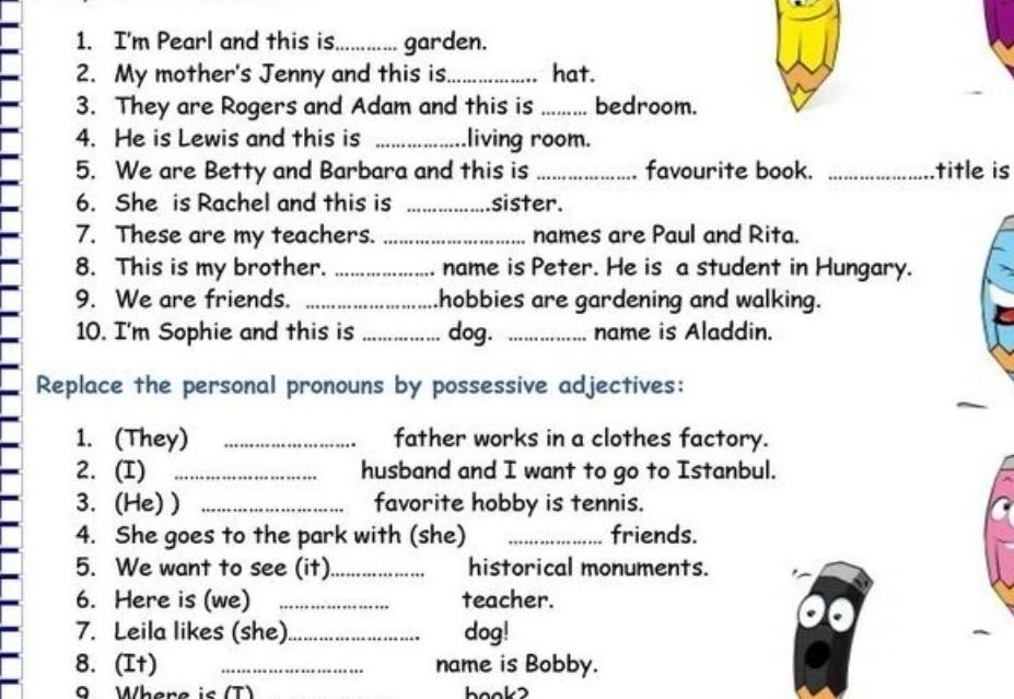 Фото задания: Replace the personal pronouns by possessive adjectives: 1. (They) ............ father works in a clothes factory. 2. (I)…