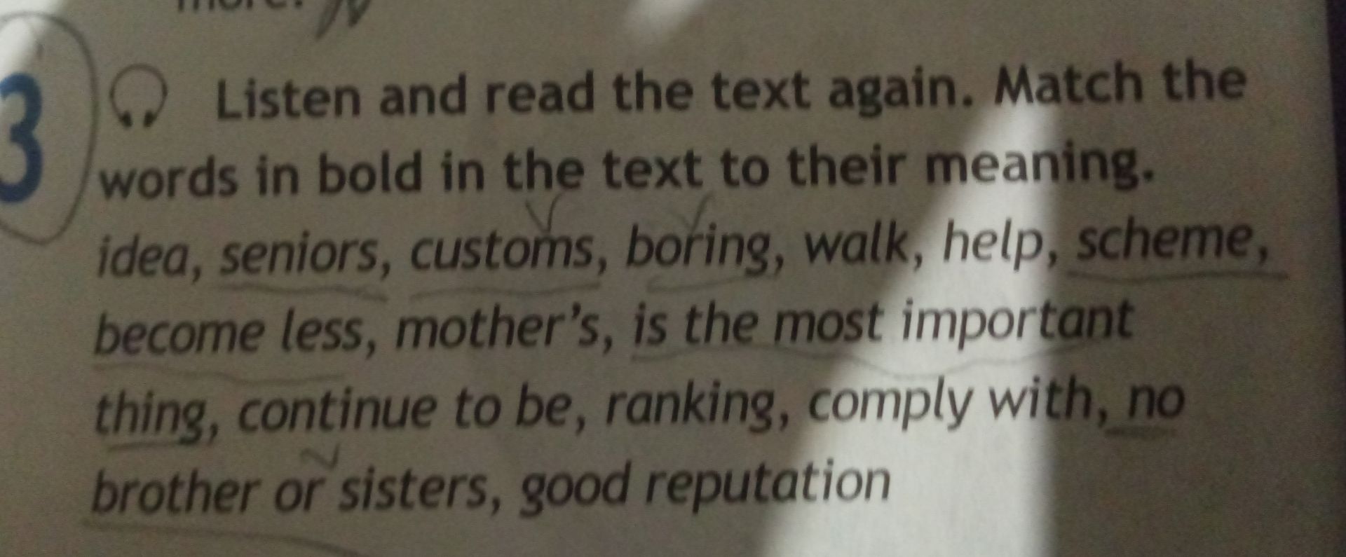 Фото задания: Listen and read the text again. Match the words in bold in the text to their meaning. Words: idea, seniors, customs,…