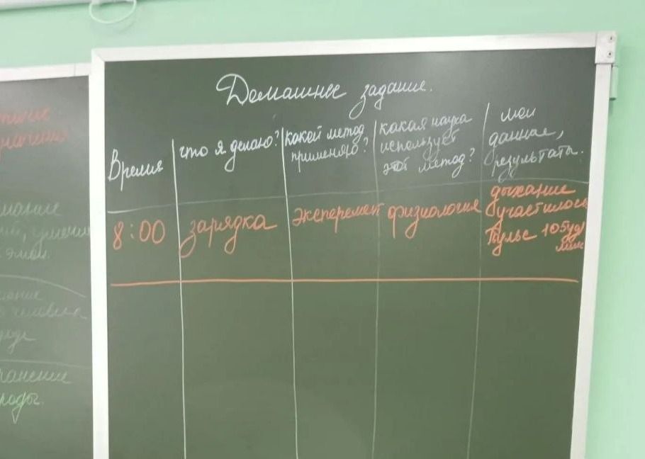 Фото задания: На изображении представлена таблица «Домашние задания». В первой строке указано время 8:00; далее записаны: «зарядка»,…