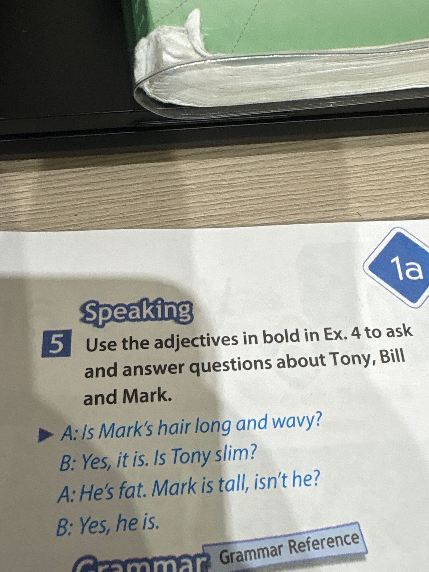 Фото задания: 5 Speaking. Use the adjectives in bold in Ex. 4 to ask and answer questions about Tony, Bill and Mark. A: Is Mark’s hair long…