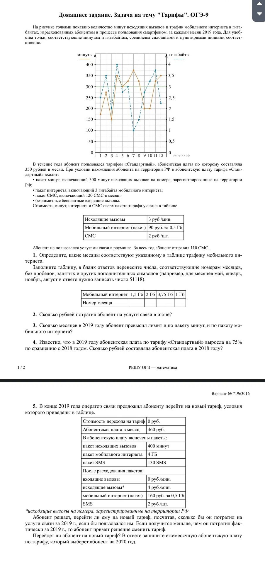 Фото задания: 1. Определите, какие месяцы соответствуют указанным в таблице значениям графика мобильного интернета: 1,5 Гб; 2 Гб; 3,75…