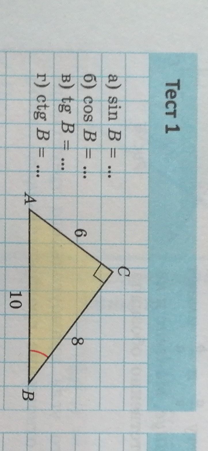 Фото задания: Тест 1. В прямоугольном треугольнике ABC угол C прямой, AC = 6, BC = 8, AB = 10. Найдите: а) sin B; б) cos B; в) tg B; г) ctg…