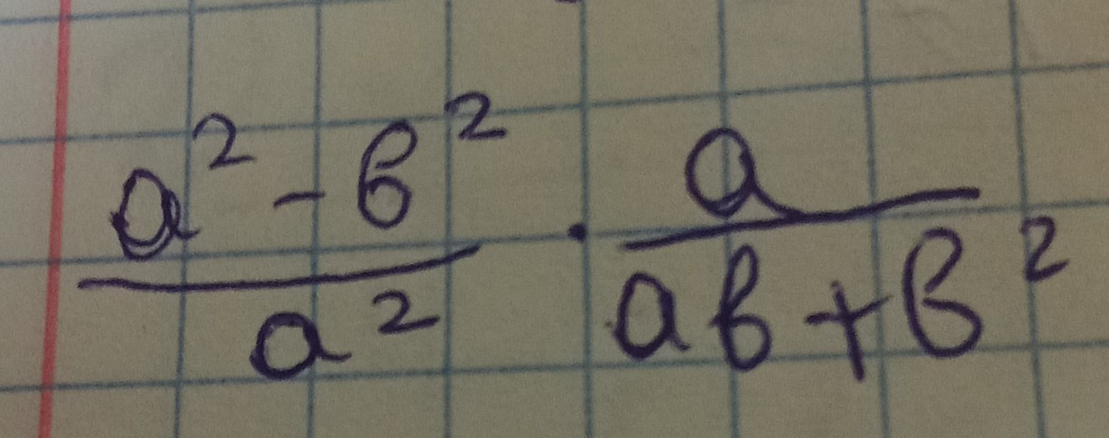 Фото задания: \(\frac{a^2-b^2}{a^2}\cdot\frac{a}{ab+b^2}\)