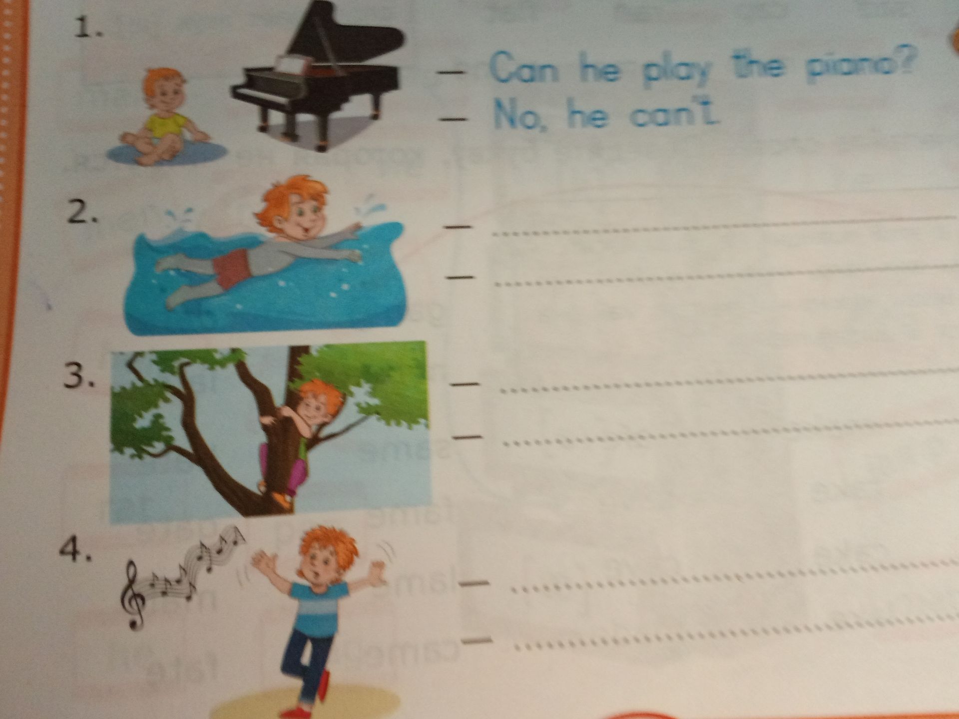 Фото задания: 1. Can he play the piano? — No, he can’t.