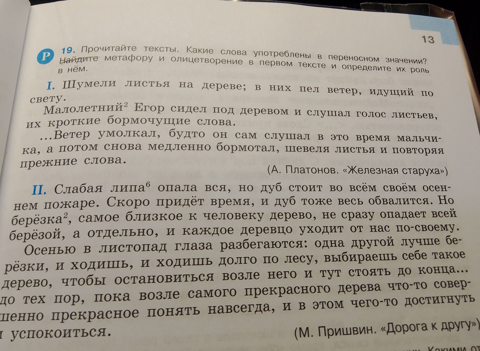 Фото задания: 19. Прочитайте тексты. Какие слова употреблены в переносном значении? Найдите метафору и олицетворение в первом тексте и…