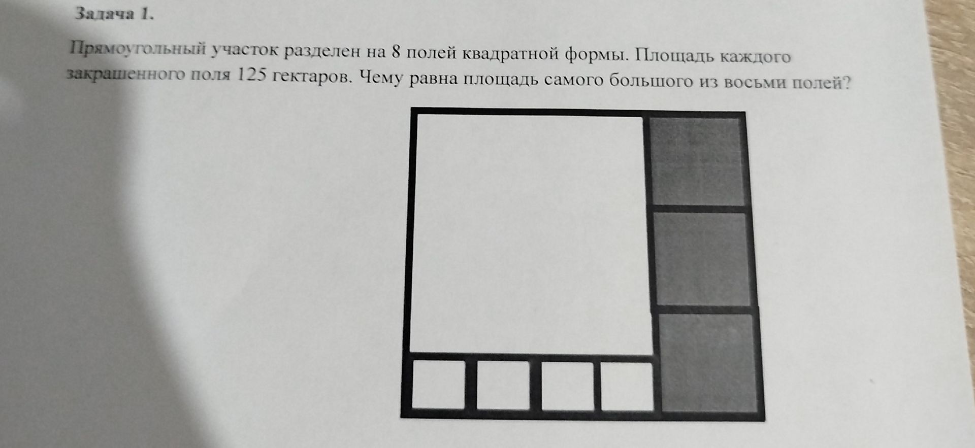 Фото задания: Задача 1. Прямоугольный участок разделен на 8 полей квадратной формы. Площадь каждого закрашенного поля 125 гектаров. Чему…