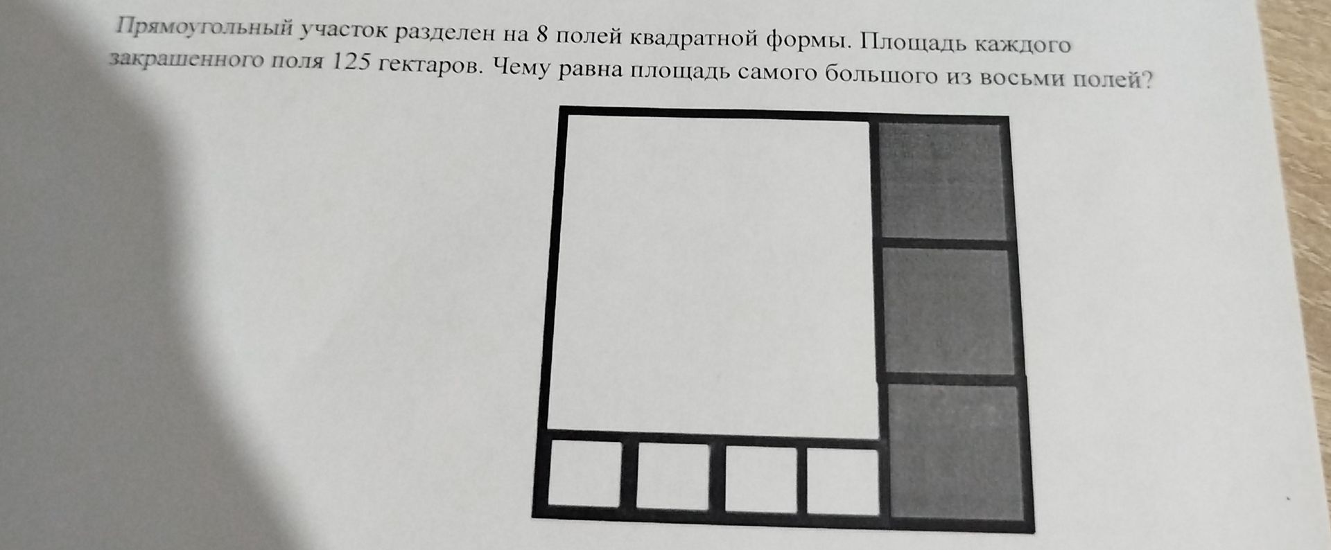 Фото задания: Прямоугольный участок разделен на 8 полей квадратной формы. Площадь каждого закрашенного поля 125 гектаров. Чему равна…