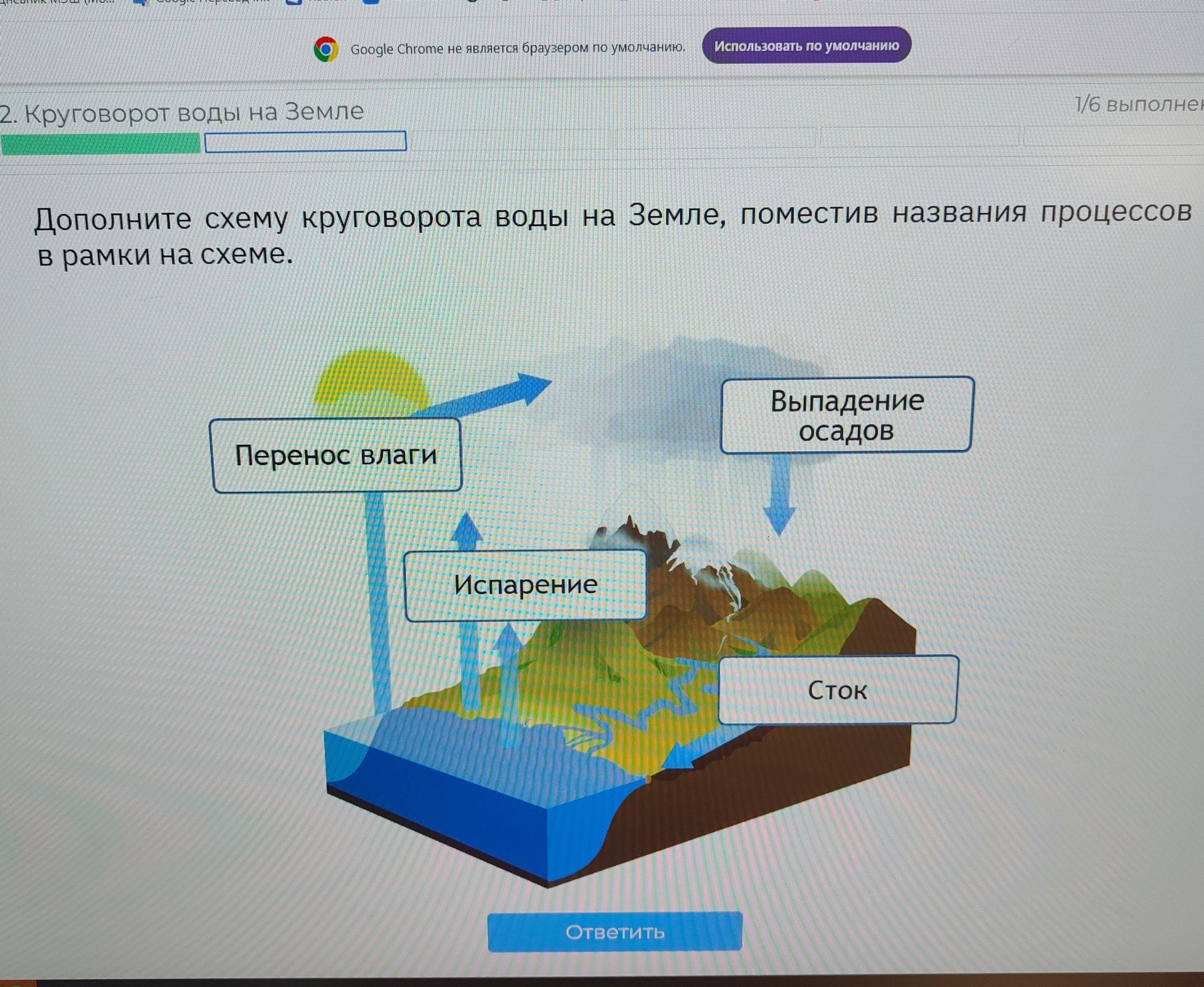 Фото задания: Дополните схему круговорота воды на Земле, поместив названия процессов в рамки на схеме.