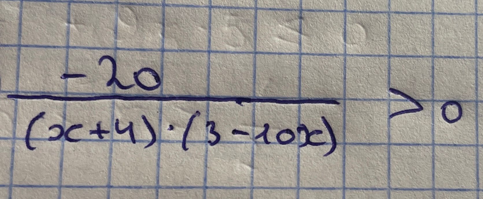 Фото задания: Решить неравенство \(\dfrac{-20}{(x+4)(3-10x)}>0\).