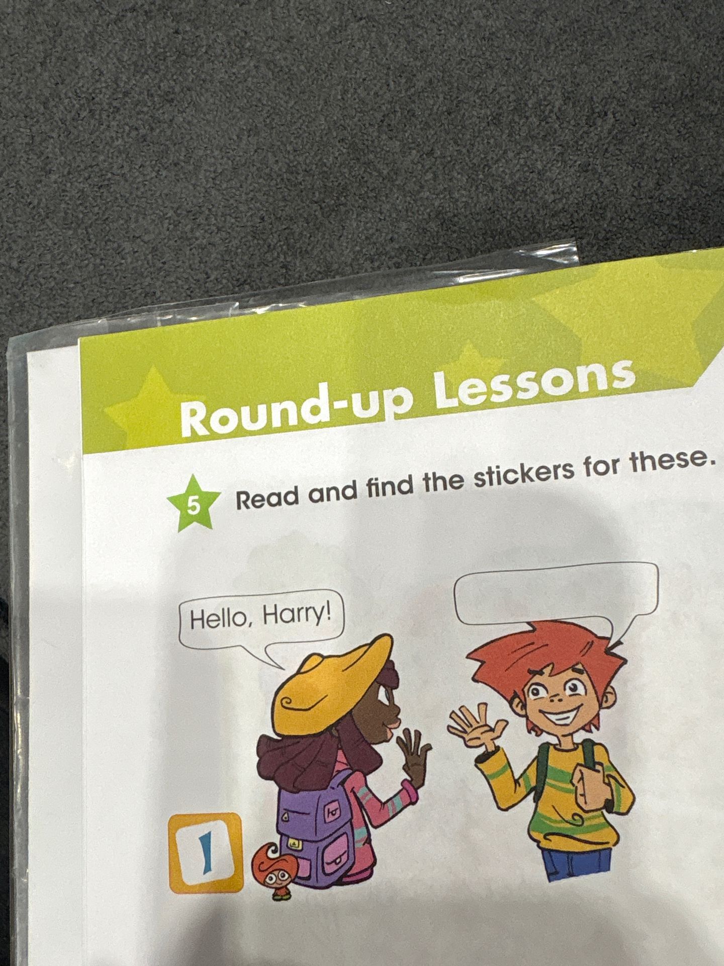 Фото задания: Round-up Lessons. 5. Read and find the stickers for these. [Нижняя часть задания и текст второго диалога обрезаны]