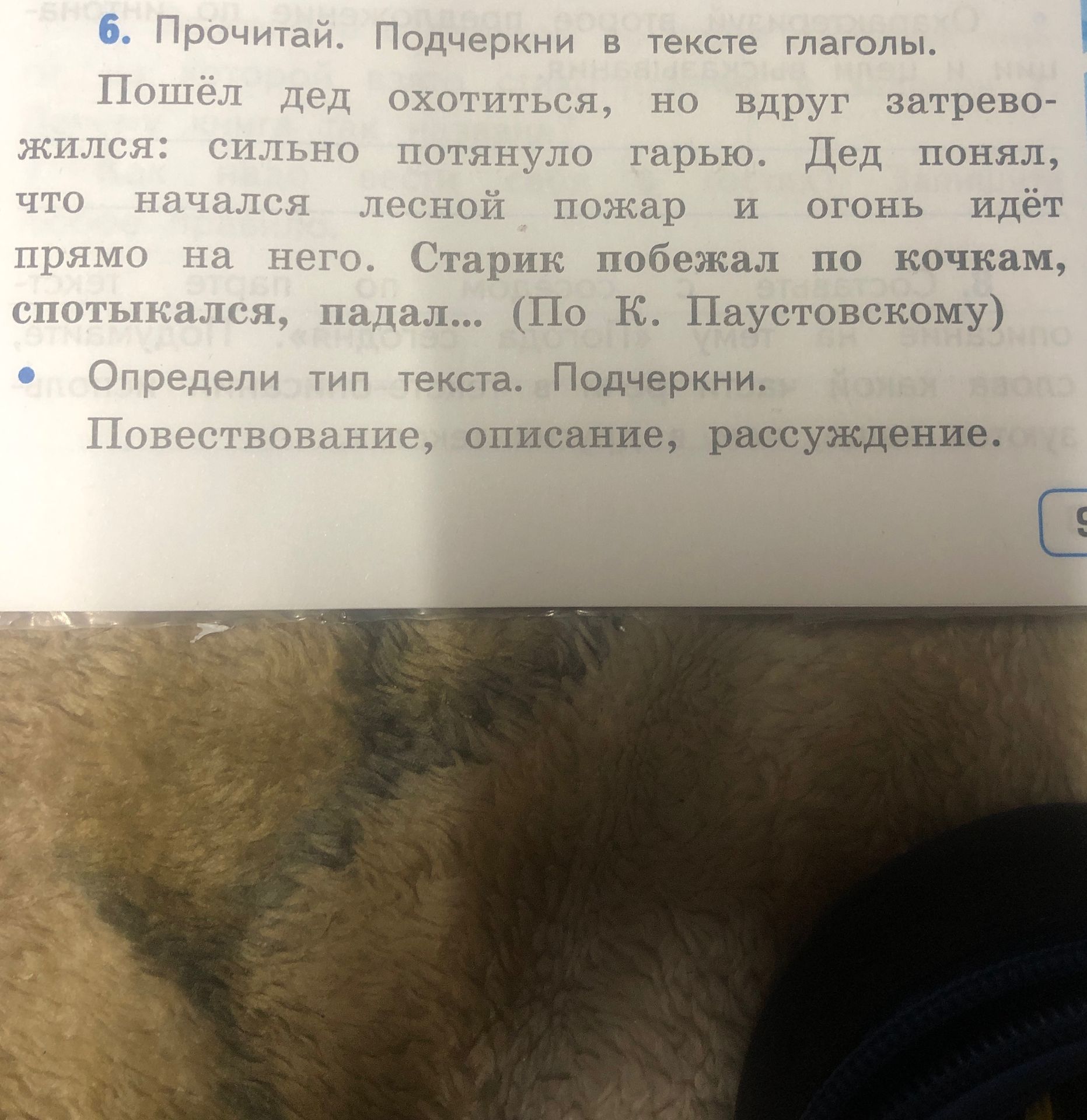 Фото задания: Прочитай. Подчеркни в тексте глаголы. Пошёл дед охотиться, но вдруг затревожился: сильно потянуло гарью. Дед понял, что…