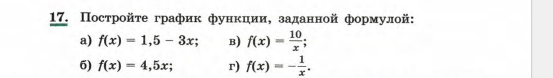 Фото задания: 17. Постройте график функции, заданной формулой: а) f(x) = 1,5 − 3x; б) f(x) = 4,5x; в) f(x) = 10/x; г) f(x) = −1/x.