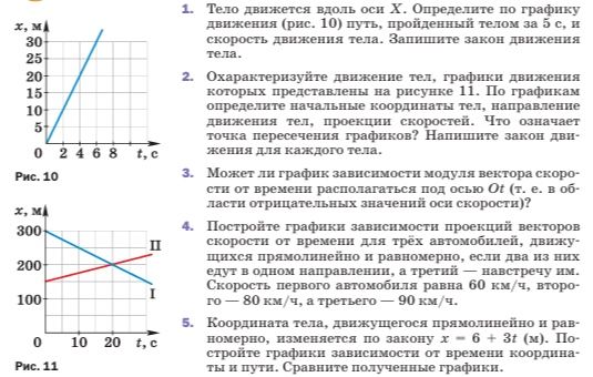 Фото задания: 1. Тело движется вдоль оси X. Определите по графику (рис. 10) путь, пройденный телом за 5 с, и скорость движения тела.…