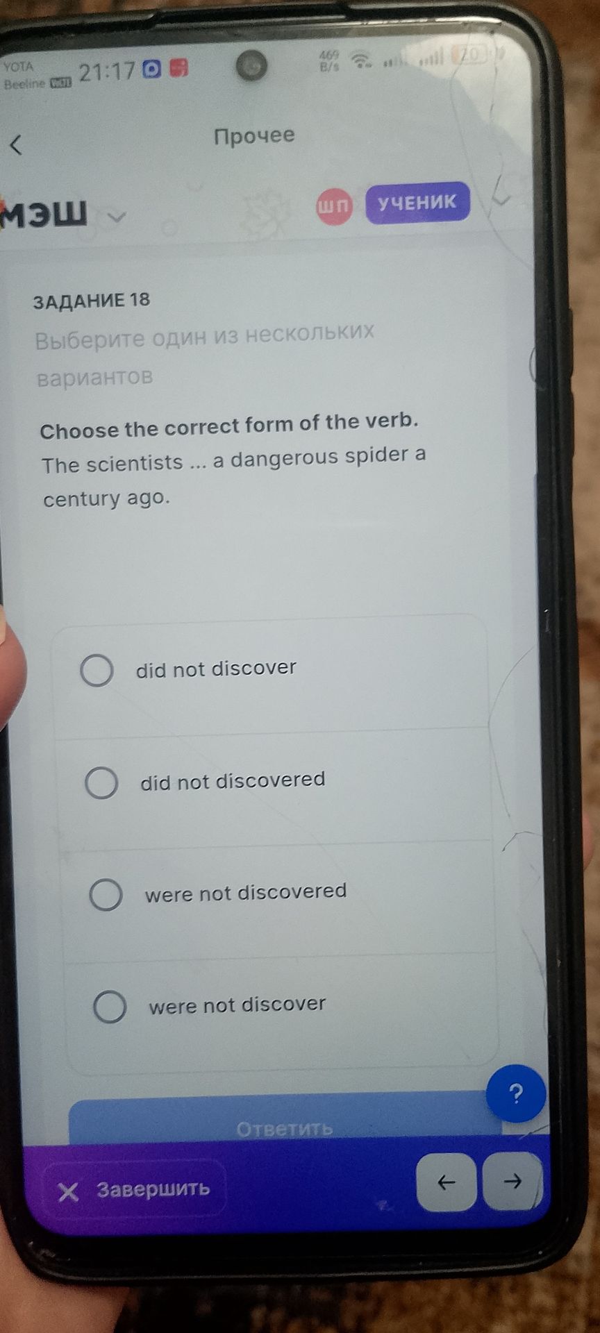 Фото задания: Choose the correct form of the verb. The scientists ... a dangerous spider a century ago. Options: did not discover; did…