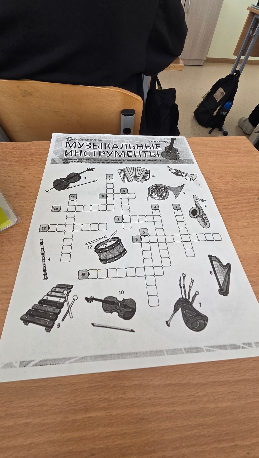 Фото задания: Кроссворд «Музыкальные инструменты». Определить названия музыкальных инструментов на рисунках с номерами 1–12 и вписать их…