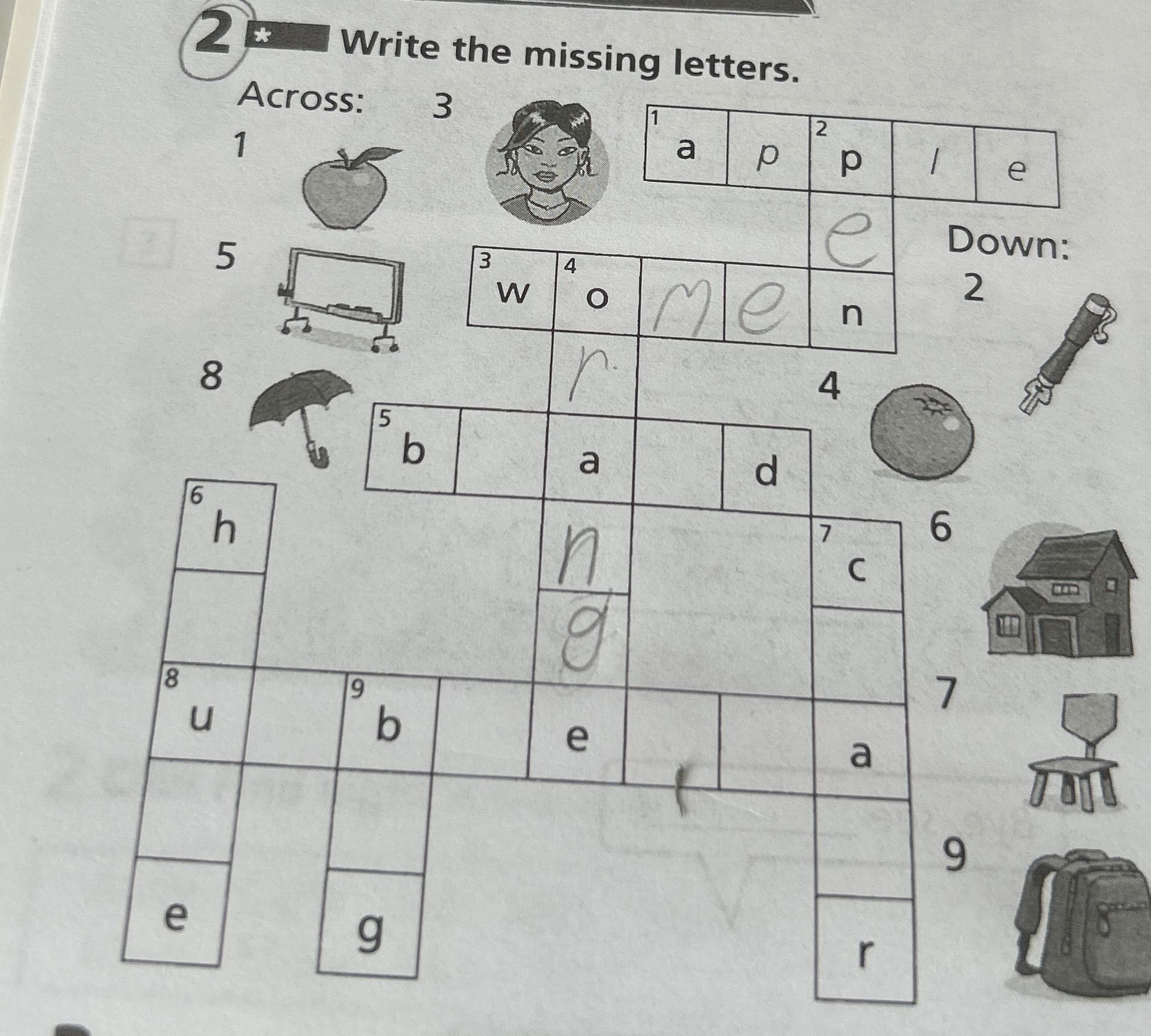 Фото задания: Write the missing letters. Across: 1 apple, 3 woman, 5 board, 8 umbrella. Down: 2 pen, 4 orange, 6 house, 7 chair, 9 bag.
