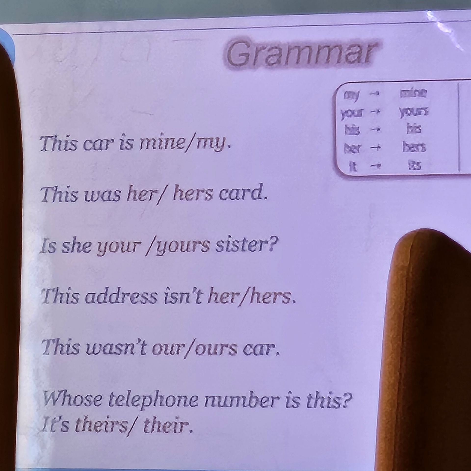 Фото задания: Choose the correct word: This car is mine/my. This was her/hers card. Is she your/yours sister? This address isn’t…