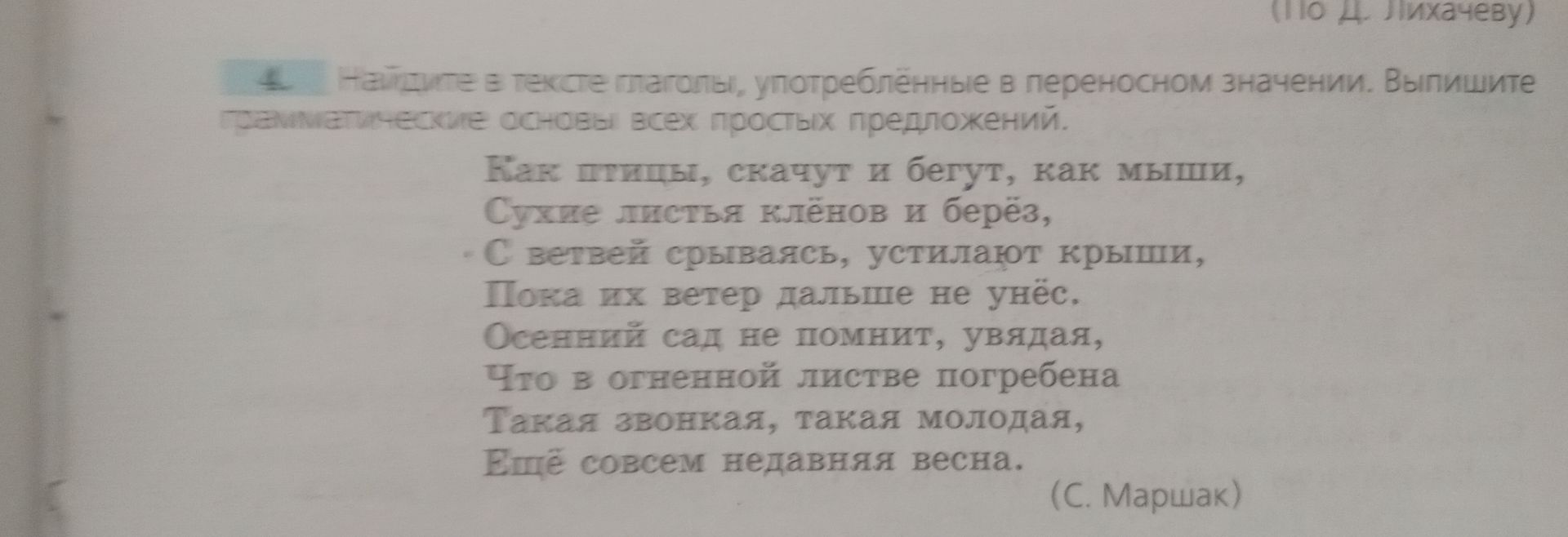 Фото задания: Найдите в тексте эпитеты, употреблённые в переносном значении. Выпишите грамматические основы всех простых предложений.