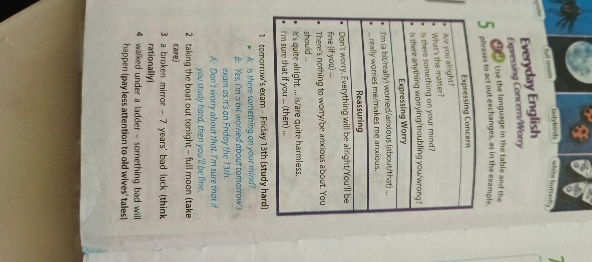 Фото задания: Use the language in the table and the phrases to act out these exchanges, as in the example. 1. tomorrow’s exam – Friday 13th…