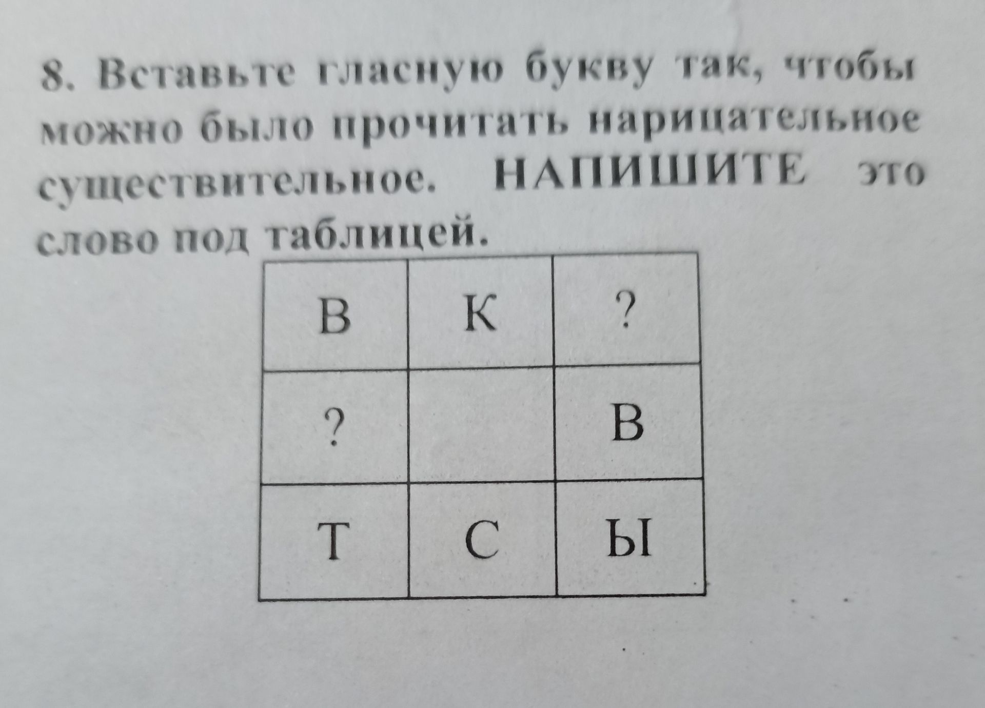 Фото задания: 8. Вставьте гласную букву так, чтобы можно было прочитать нарицательное существительное. Напишите это слово под таблицей.