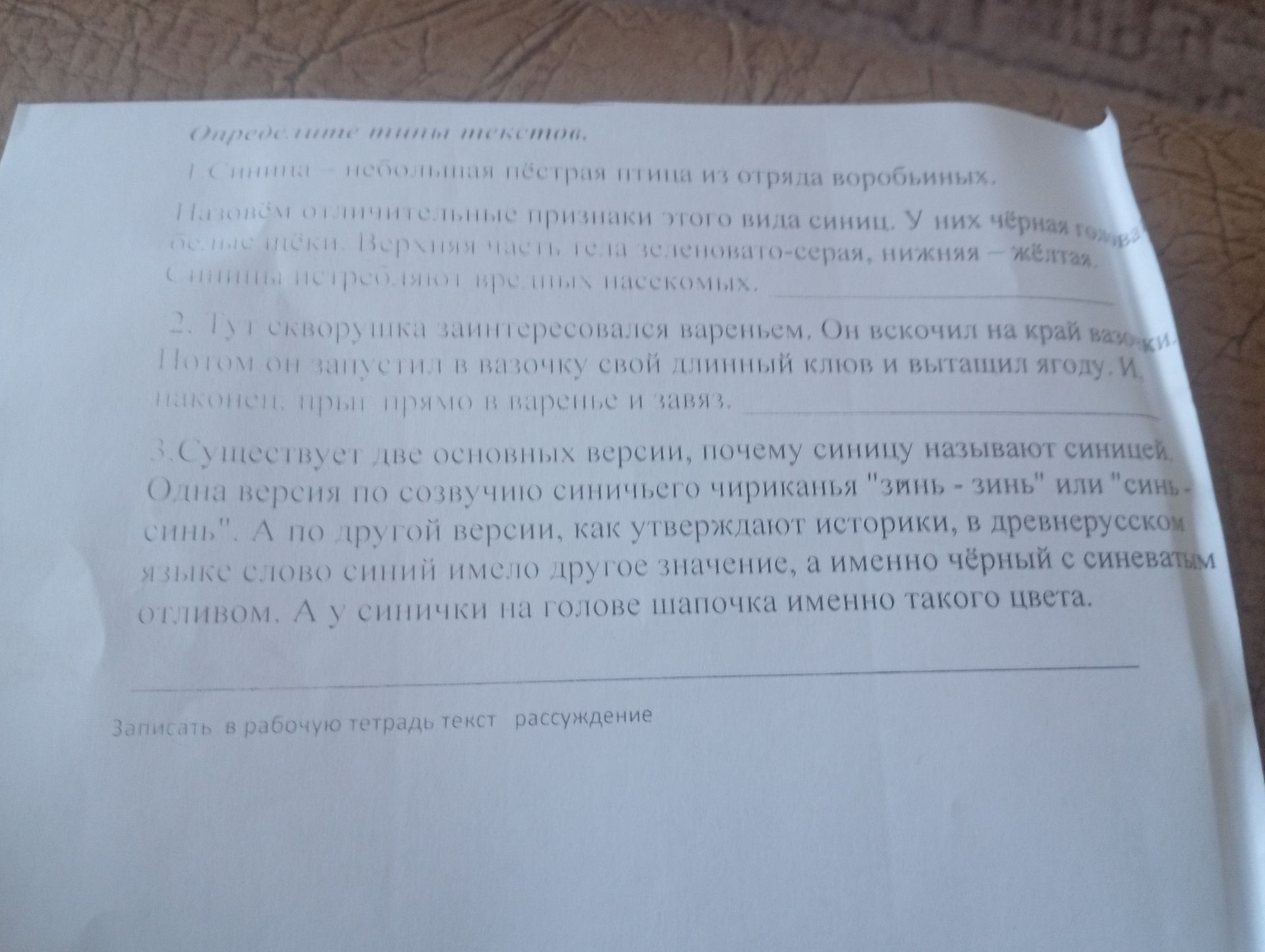 Фото задания: Определите тип текста: «Существует две основные версии, почему синицу называют синицей. Одна версия по созвучию синичьего…