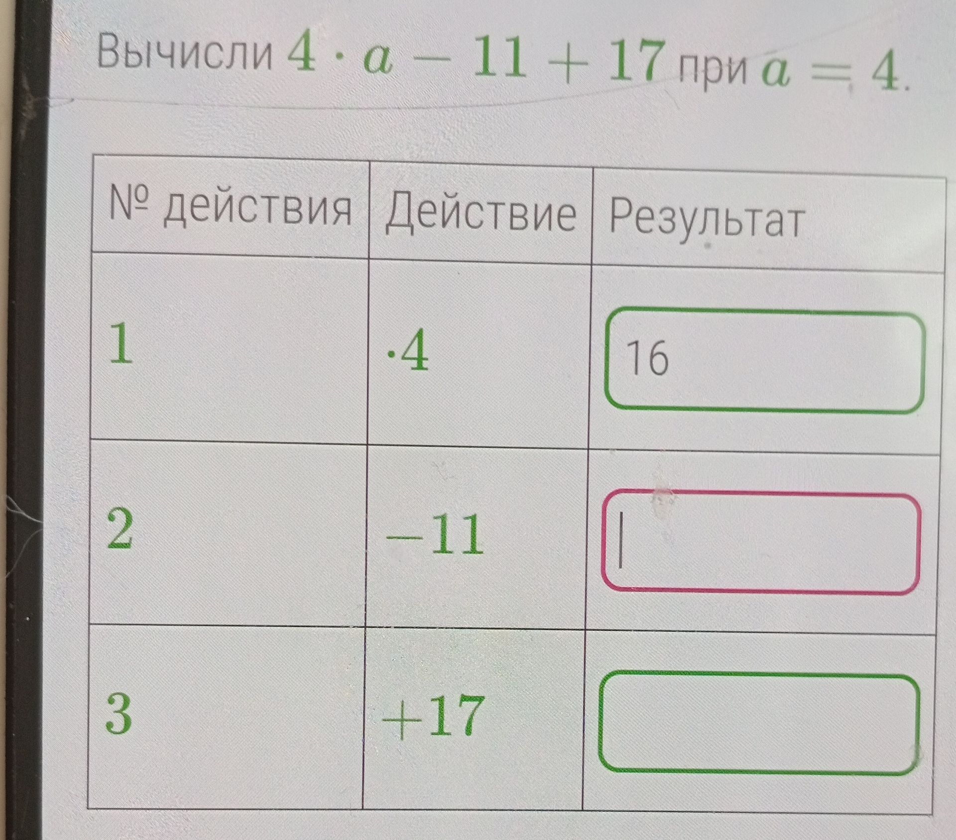 Фото задания: Вычисли \(4 \cdot a - 11 + 17\) при \(a = 4\). Заполни таблицу действий: умножить на 4, вычесть 11, прибавить 17.
