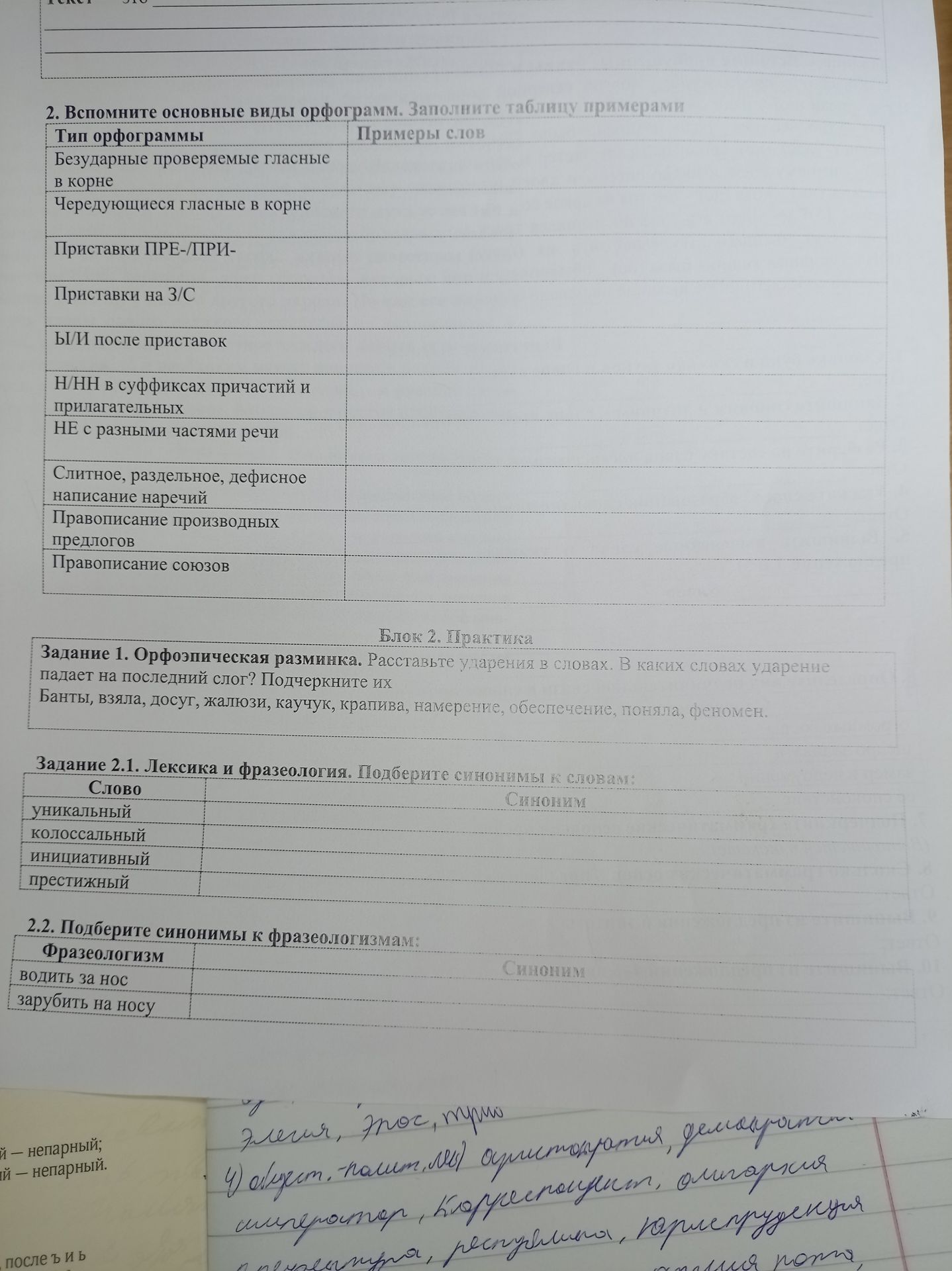 Фото задания: 2. Вспомните основные виды орфограмм. Заполните таблицу примерами: безударные проверяемые гласные в корне; чередующиеся…