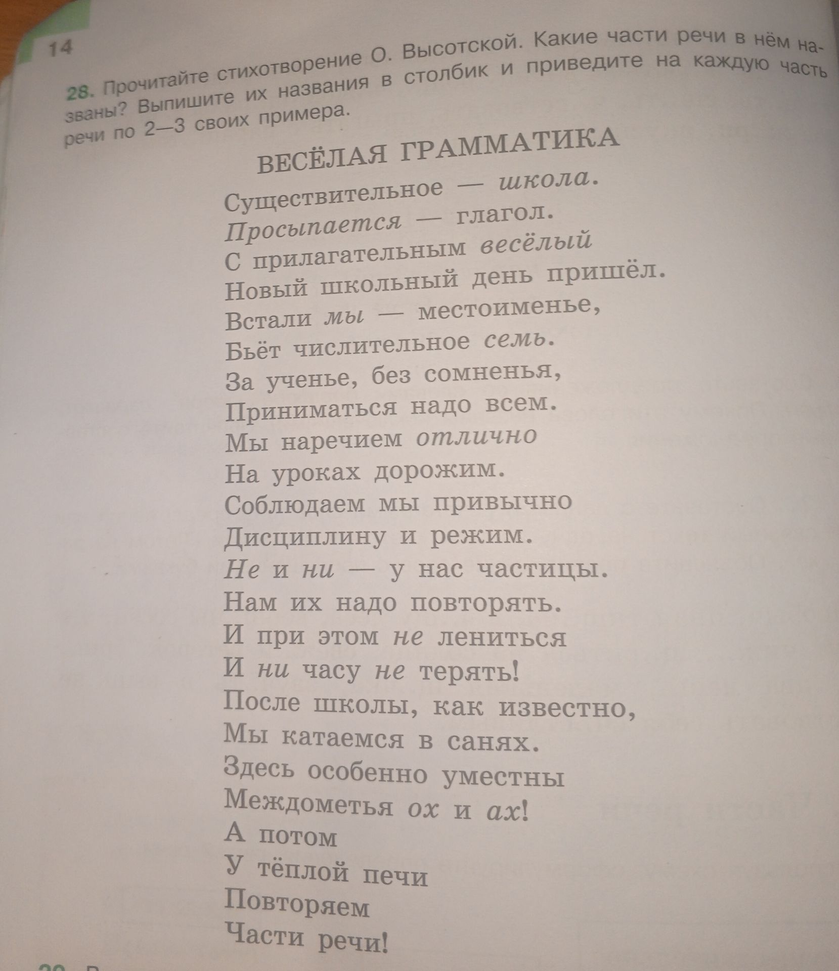 Фото задания: 28. Прочитайте стихотворение О. Высотской. Какие части речи в нём названы? Выпишите их названия в столбик и приведите на…
