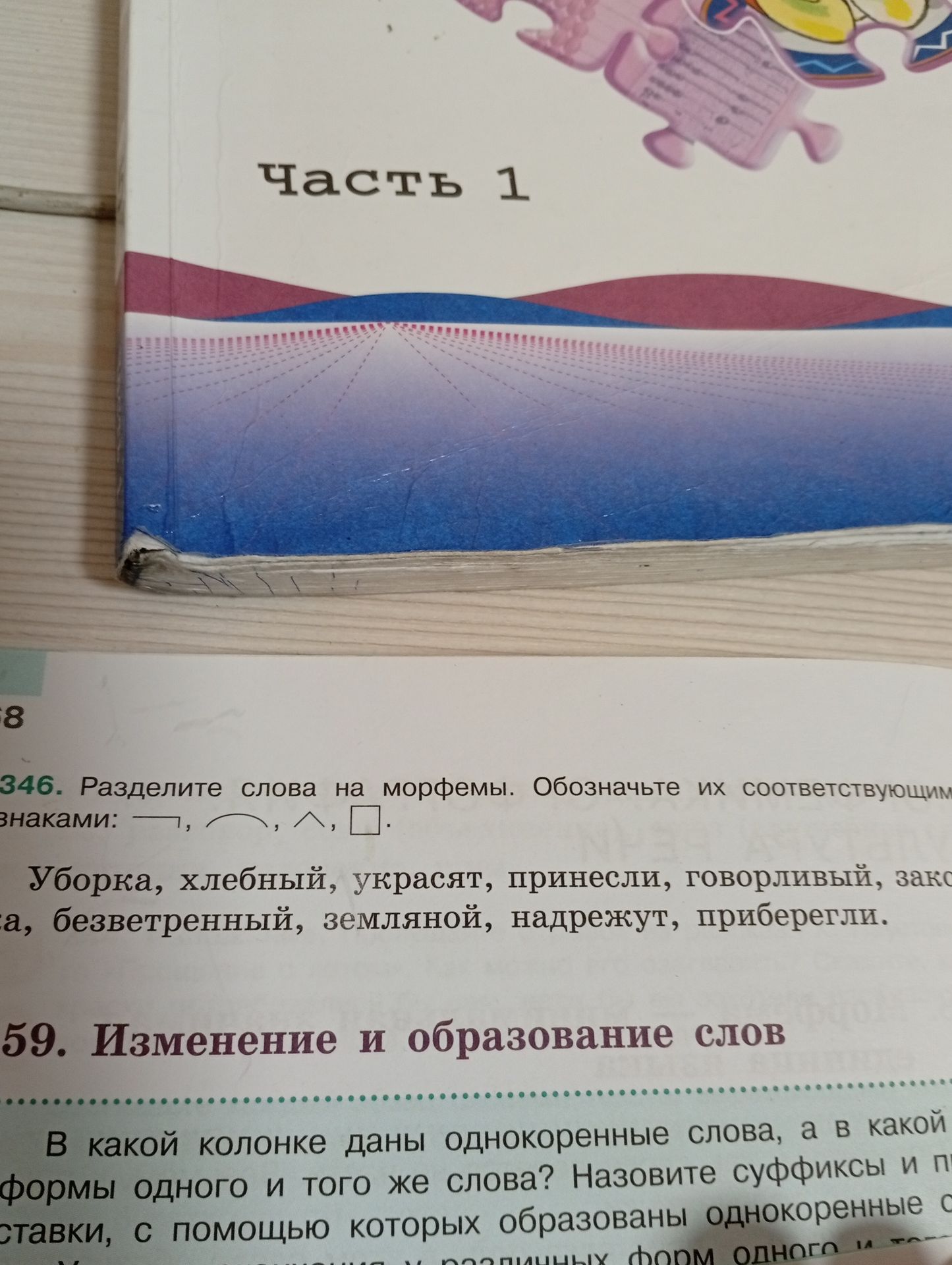 Фото задания: 346. Разделите слова на морфемы. Обозначьте их соответствующими знаками: Уборка, хлебный, украсят, принесли, говорливый,…
